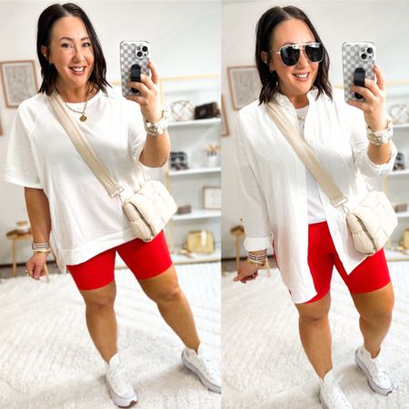 Aerie vibes but it’s Amazon!  XL lightweight sweatshirt. L biker shorts. Butterluxe material. XL tee. L button down. Sized down half a size in the converse  

#LTKSeasonal #LTKfindsunder50 #LTKmidsize