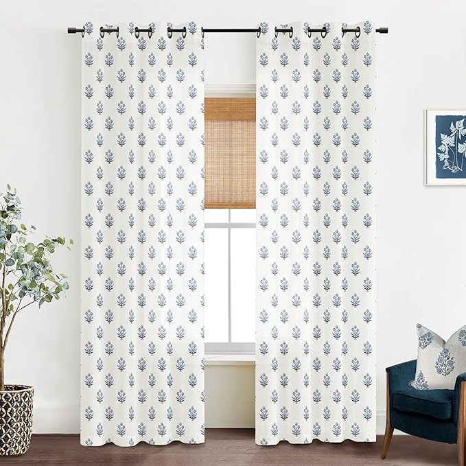 Blue and White Floral Curtains,Boho Pattern Navy Block Print Mughal Design Sheer Linen Farmhouse ... | Amazon (US)