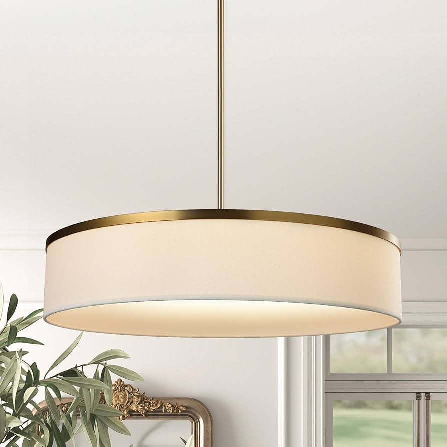 LamQee 20" Drum Chandelier Light Fixture with Integrated LED, Large Fabric Pendant Light in Gold ... | Amazon (US)