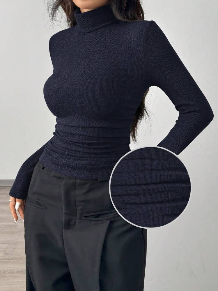 SHEIN EZwear Navy Blue Knitted Women Tight Fit T-Shirt, Minimalist Fashionable Casual Daily Wear | SHEIN