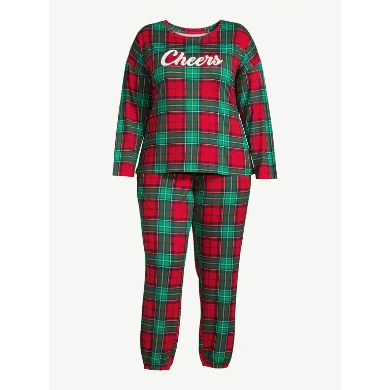 Joyspun Women’s Long Sleeve Tee and Joggers, 2-Piece Pajama Set, Sizes S-3X | Walmart (US)