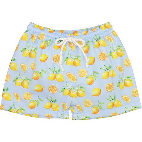 Blue And Yellow Lemon Print Swim Trunks - Shipping Mid March | Cecil and Lou