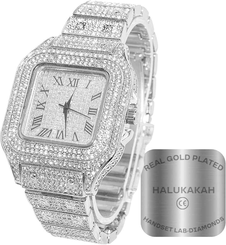 Halukakah Men’s Diamond Watch - The King - 18K Gold/Platinum Plated, 40MM Square Dial, Iced Out... | Amazon (US)