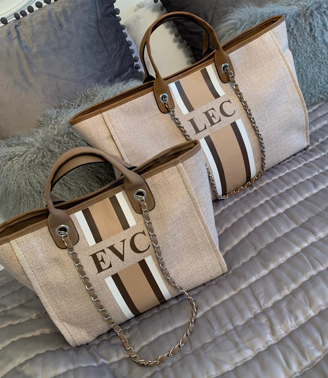 Personalised Monogram Tote Bag Canvas Customised Beige Brown White Chain Handbag Personalized Str... | Etsy (US)