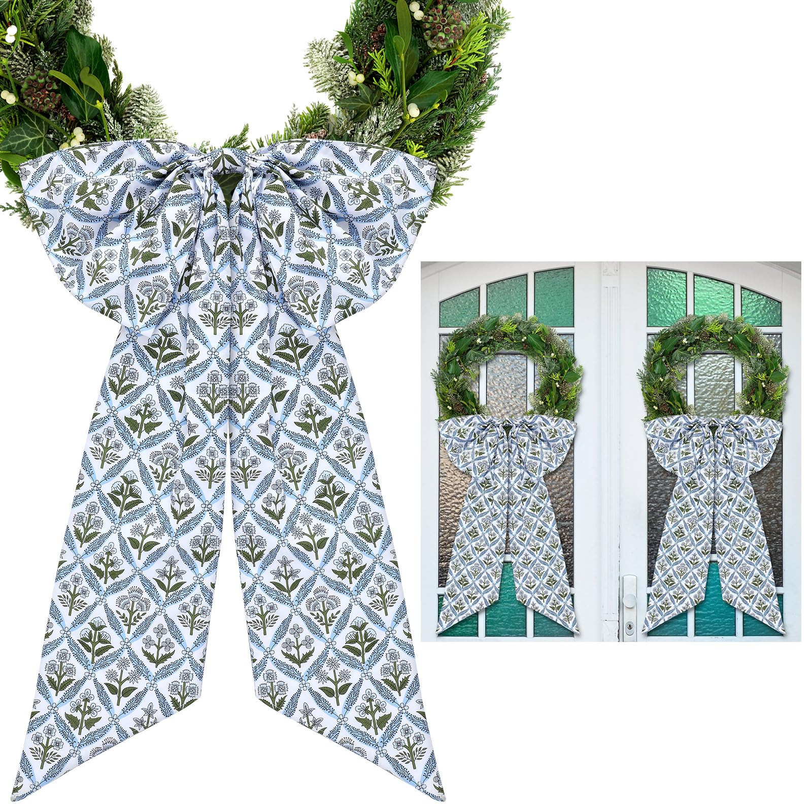 HunnmingRe 2 Pcs Blue Block Print Bow Wreath Sash 24 x 16 Inch Christmas Wreath Sash for Front Door Holiday Floral Burlap Bow Accessories for Doorway Indoor Outdoor Garland Home (Blue) | Amazon (US)