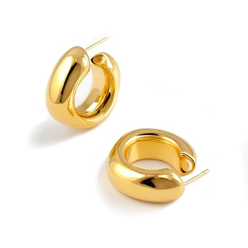 Thick Gold Chunky Hoops Earrings for Women 18K Real Gold Plated Open Hoop Lightweight Hollow Non-... | Amazon (US)