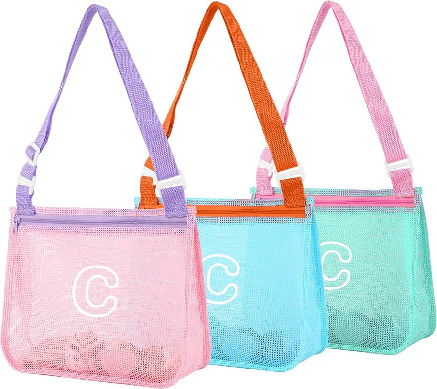 3Pcs Personalized Kids Beach Shell Bag, Initial Seashell Mesh Zipper Beach Pouch, Shell Collectin... | Amazon (US)