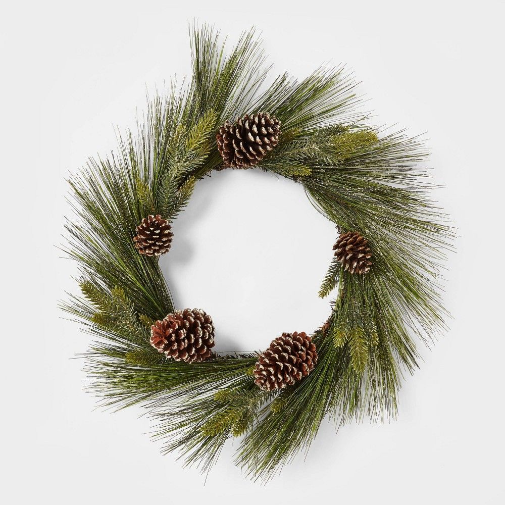 24in Unlit Mixed Greenery Pinecone Wreath Champagne Glitter - Wondershop™ | Target