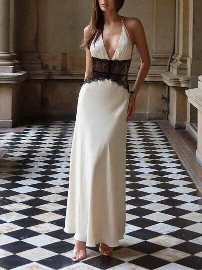 Women's Long Halter Neck Dress With Waist Sheer Lace Panel, Elegant Party Solid Color Dress | SHEIN