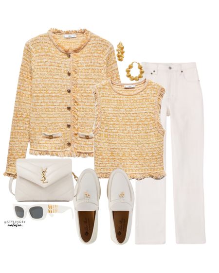Tweed cardigan and top co ord, high rise white jeans, loafers, YSL Lou Lou bag, loafers, earrings and sunglasses. Spring outfit 

#LTKstyletip #LTKSeasonal #LTKworkwear