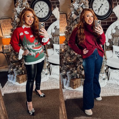 Holiday Christmas party looks 

Ugly Christmas sweater - small
Spanx joggers - medium petite but need a small 
Under shirt - small 
Berry turtleneck sweater - small 
Flare dark wash jeans - 28 but could do a 27
Shoes - tts

#LTKHoliday #LTKstyletip #LTKSeasonal
