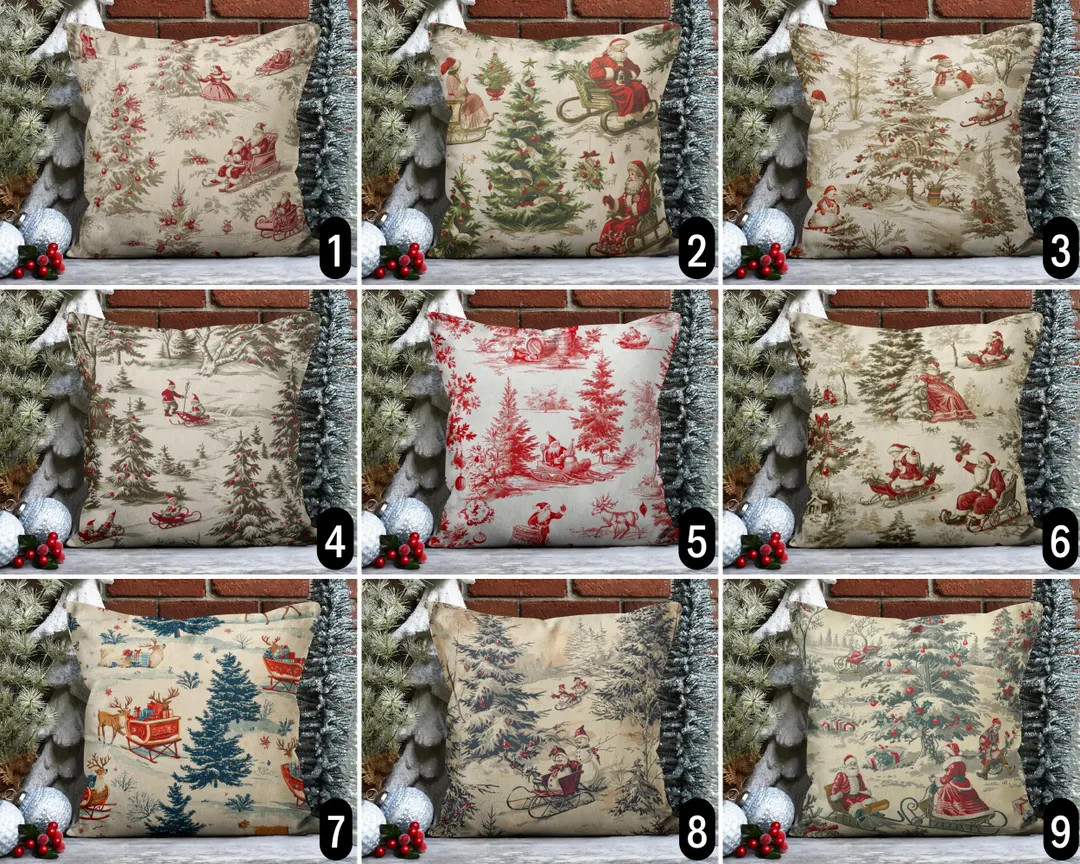 Vintage Christmas Throw Pillow Cover, Winter Holiday Sleigh Rides & Sledding Pillow Cover, Rustic... | Etsy (US)