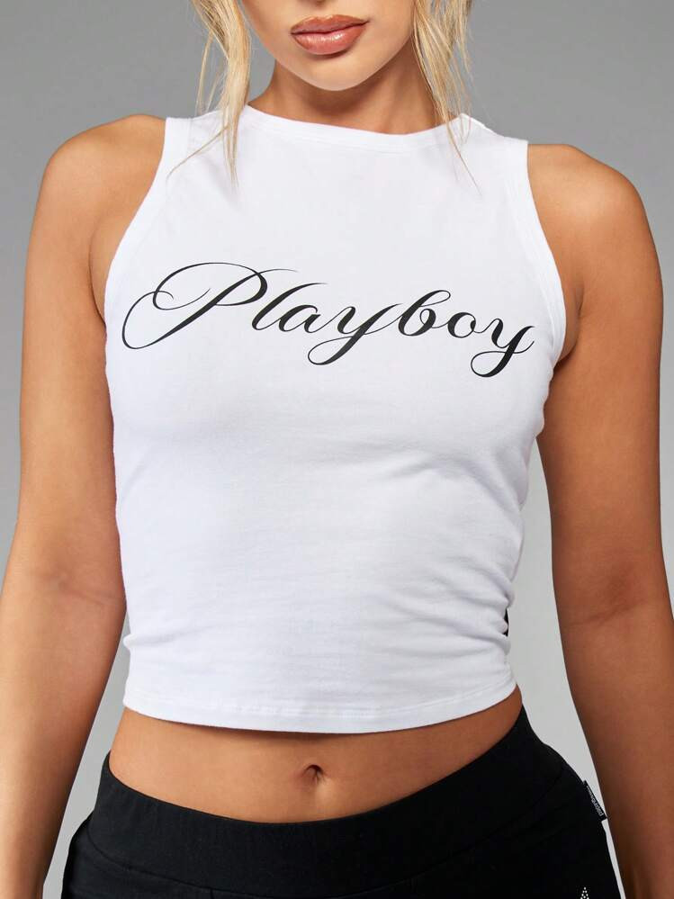 Missguided X Playboy Sleeveless Athletic Tank Crop Top Stretch Cotton Gym Summer Yoga Active Wear Jersey Training Dance Racerback Performance | SHEIN
