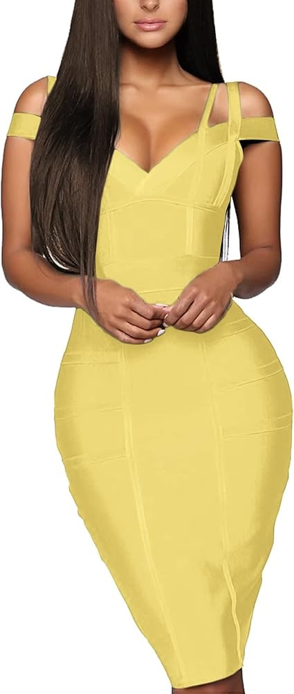 Hybrid & Company Womens Elegance V-Neck Knee-Length Stretch Chic Midi Bandage Dress | Amazon (US)