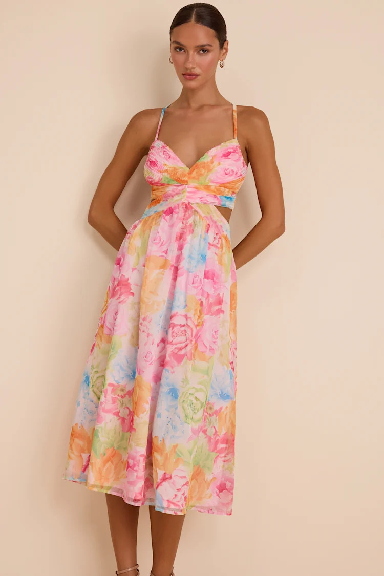 Ettalie Pink Multi Floral Lace-Up Midi Dress | Lulus
