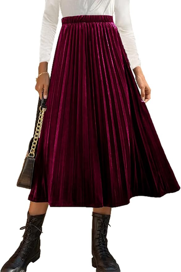 HERBATOMIA Women’s High Elastic Waist Skirt Pleated A Line Swings Midi Velvet Skirts for Women | Amazon (US)