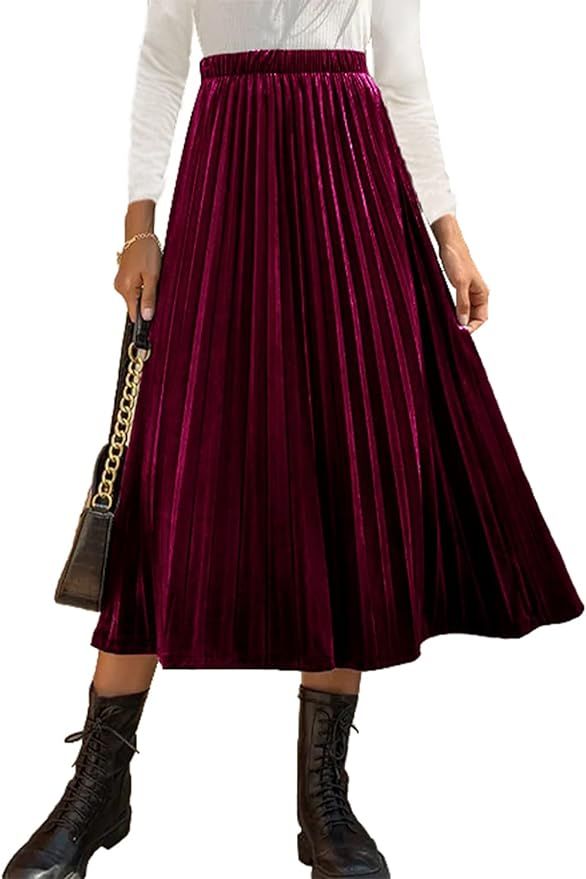 HERBATOMIA Women’s High Elastic Waist Skirt Pleated A Line Swings Midi Velvet Skirts for Women | Amazon (US)