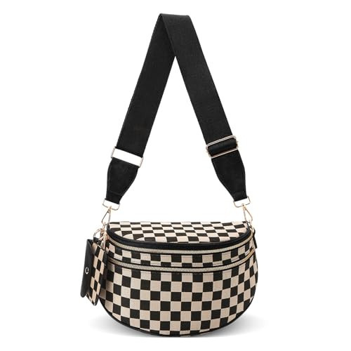 Duyijiff Crossbody Bum Bags for Women - Checkered Cross Body Bumbags Large Fanny Pack Trendy Belt Purse for Daily (A02 Black) | Amazon (US)