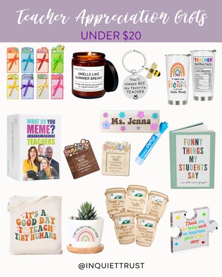 Show appreciation for your kids' teachers with these thoughtful gifts for under $20: a scented candle, a cute keychain, a cute tote bag, and more! #affordablefinds #personalizedgift  #officetabledecor #coffeelover

#LTKFindsUnder50 #LTKHome #LTKGiftGuide
