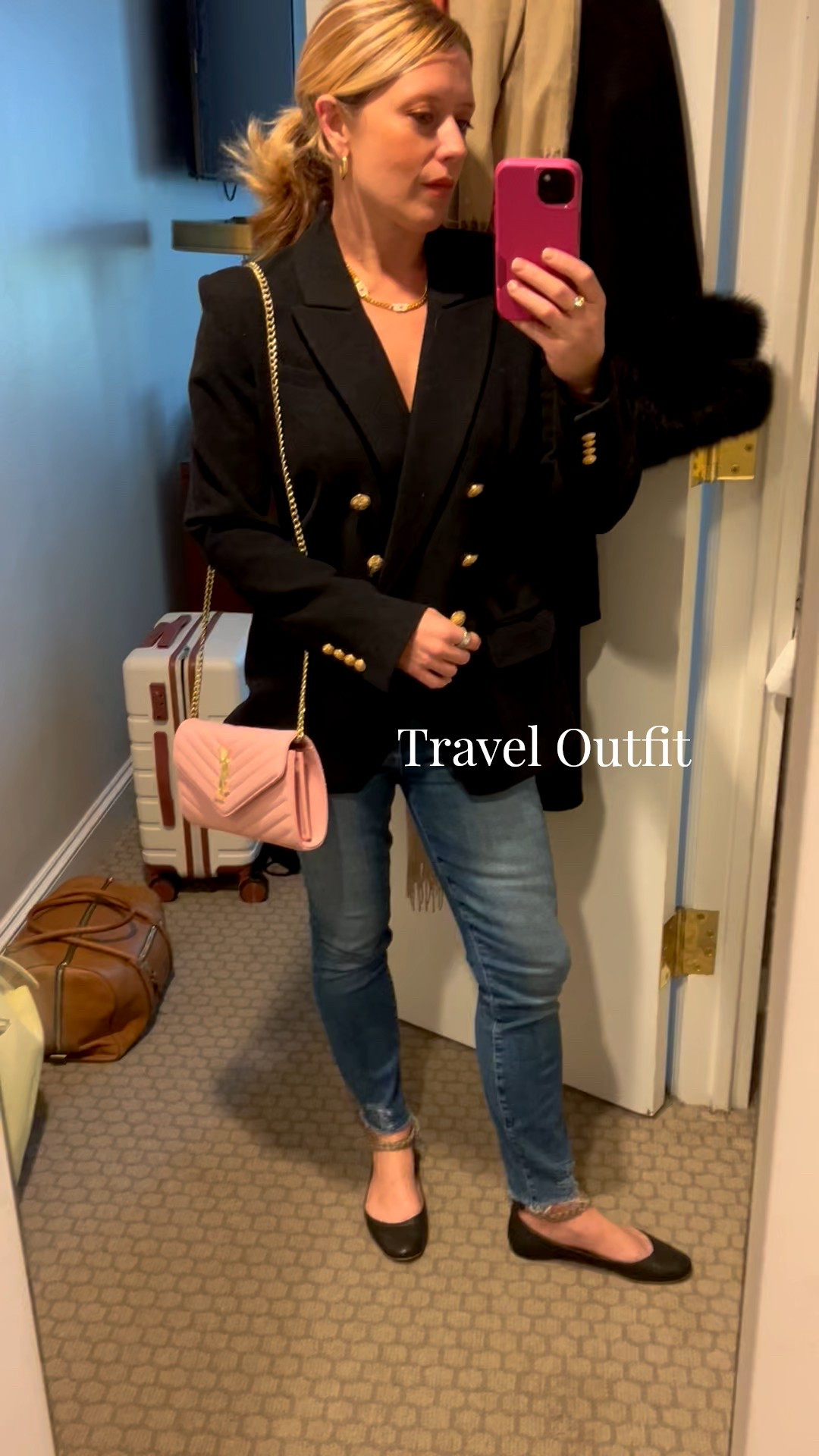 Chic and little business casual for travel day in a black wool blazer, lace bodysuit, the most comfy jeans I own from @mother, a pink crossbody and adorable @chloe flats 



#LTKTravel #LTKOver40 #LTKootd