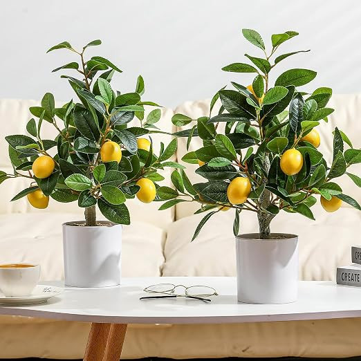 2 Pcs Artificial Lemon Tree 15.7 Inches Fake Artificial Potted Plants Faux Lemon Citrus Tree with... | Amazon (US)