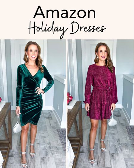 Amazon holiday outfits. Amazon holiday dresses. Amazon Christmas outfit. Velvet dresses. Wearing smallest size in each. Wedding guest dress. Party outfits. Party dresses. Bow heels are TTS. 

#LTKHoliday #LTKparties #LTKwedding