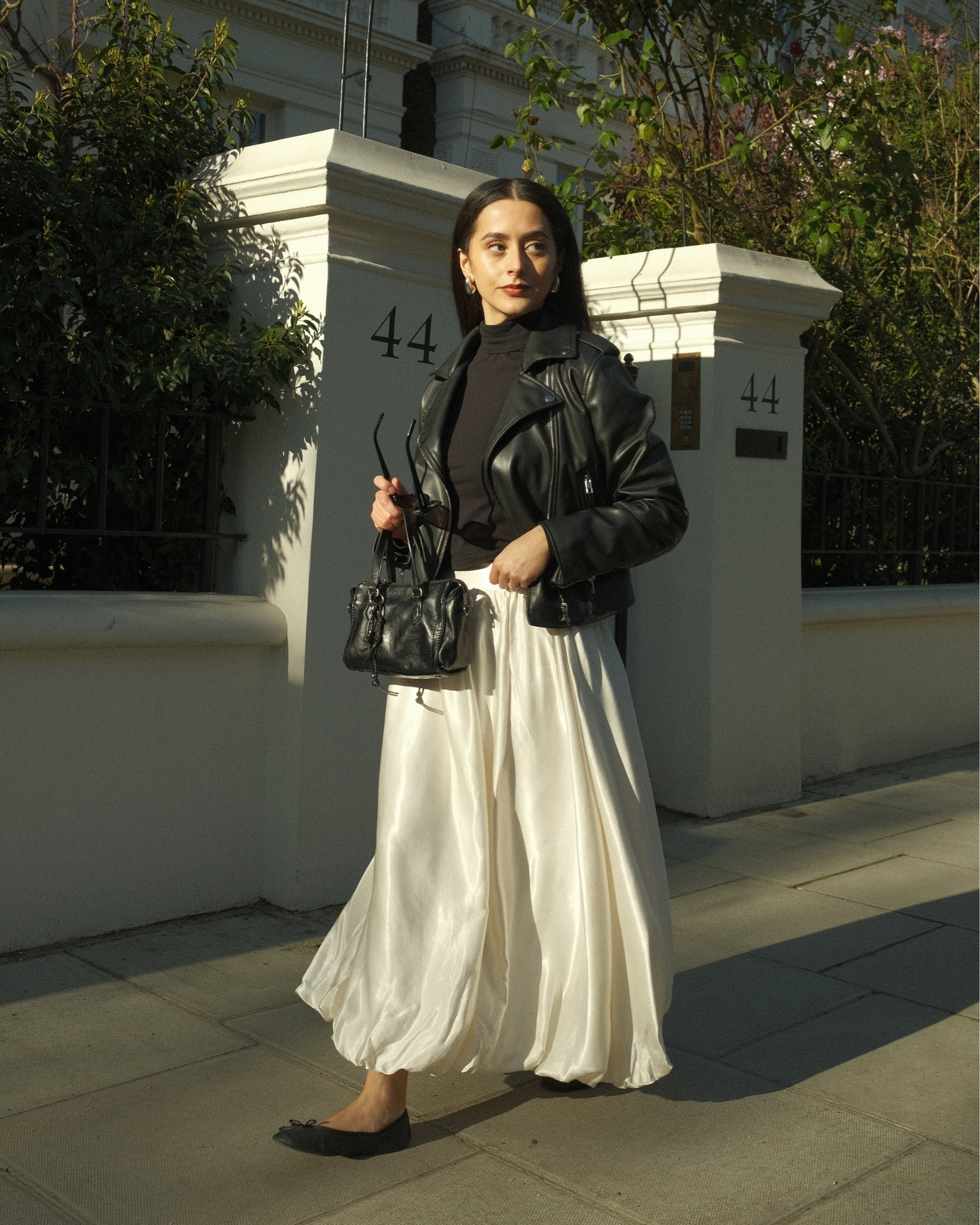 Leather jacket, white satin skirt, ballet flats, ballerina flats, black and white outfit, maxi skirt, Spring outfits, casual outfit, minimal outfit, neutral outfit, capsule wardrobe, spring style, chic outfits, classic style, satin skirt outfit, white satin skirt, bridal inspo, satin skirt styling

#LTKfindsunder100 #LTKeurope #LTKstyletip