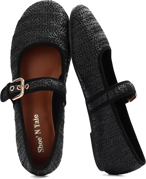 Shoe'N Tale Raffia Ballet Flats for Women Round Toe Woven Mary Jane Shoes with Buckle Strap for D... | Amazon (US)