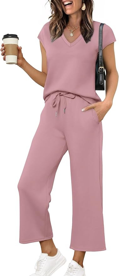 Saloogoe Two Piece Sets for Women Summer Outfits Lounge Sets V Neck Tops Wide Leg Pants Woman Vac... | Amazon (US)