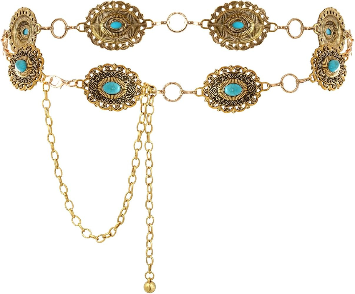 Western Oval Concho Chain Belt for Women Metal Waist Chain Belt for Dresses Jeans Western Cowgirl | Amazon (US)