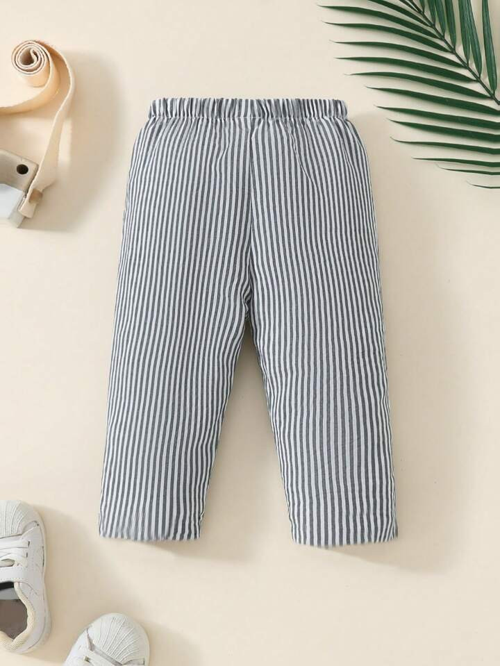 Baby Boy Spring Summer Daily Casual Loose Black & White Striped Long Pants | SHEIN