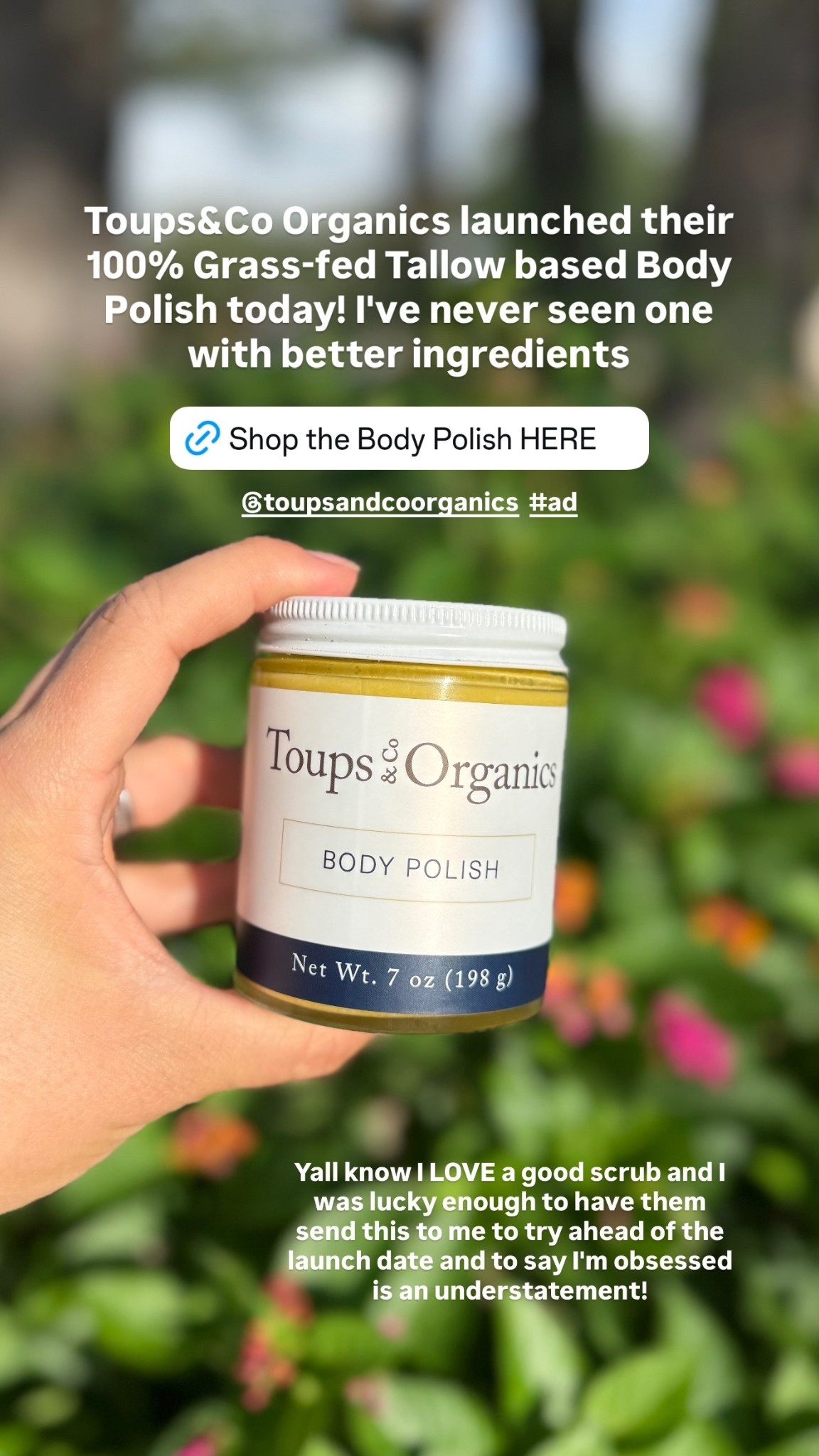 @toupsandcoorganics  #ad  Yall know I LOVE a good scrub and I was lucky enough to have them send this to me to try ahead of the launch date and to say I'm obsessed is an understatement! Toups&Co Organics launched their 100% Grass-fed Tallow based Body Polish today! I've never seen one with better ingredients