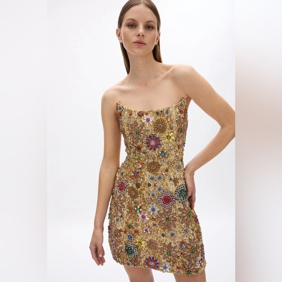 Rachel Gilbert New Francesca Strapless Star Mini Dress Gold Size 6 | Poshmark