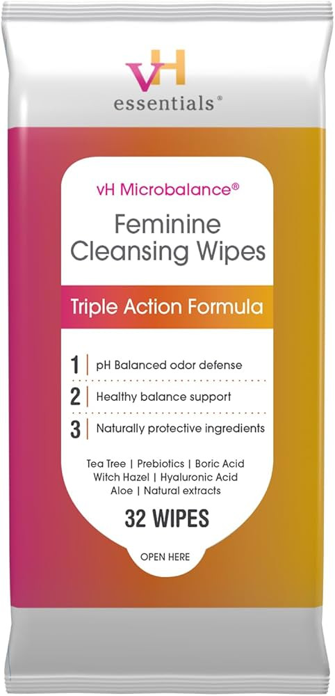 vH essentials Feminine Cleansing Wipes 32 ct. pH Balanced, Prebiotics, Tea Tree & Aloe, Soothing ... | Amazon (US)