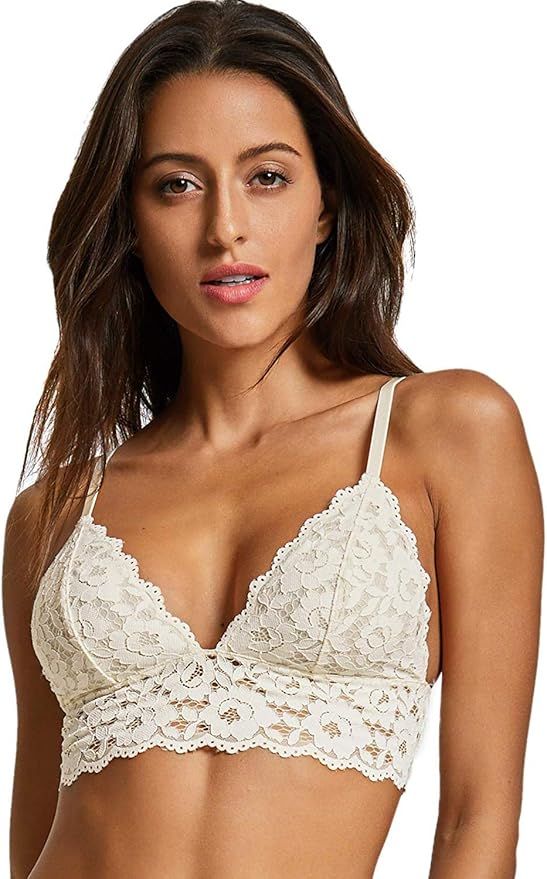 DOBREVA Women's Lace Padded Bralette Wireless Plunge Plus Size Longline Bra | Amazon (UK)