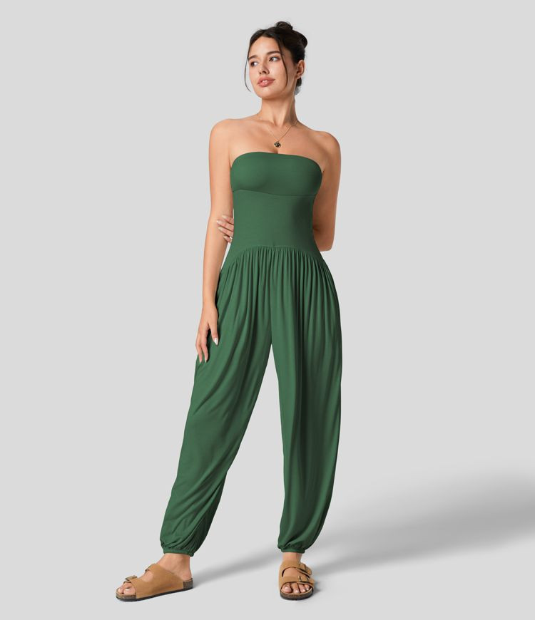 Ribbed Tube Backless Plicated Side Pocket Casual Jumpsuit | HALARA