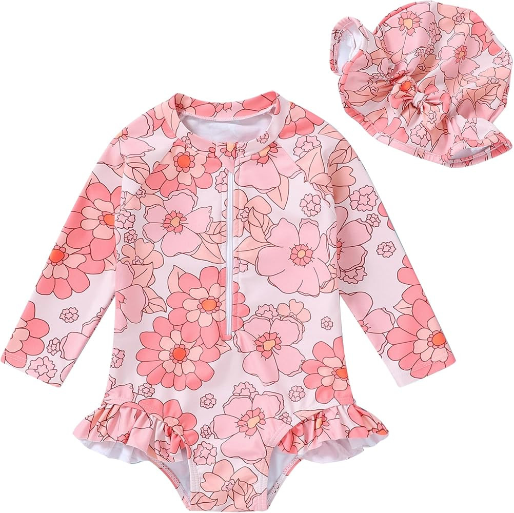 Infant Baby Girl Swimsuit One-Piece Long Sleeve Rash Guard with Hat Set Floral Zipper Bathing Sui... | Amazon (US)