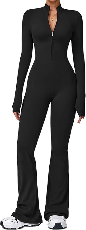 ECUPPER Women Long Sleeve Flared Jumpsuit Zip Up Romper One Piece Full Bodysuits Yoga Unitard Wid... | Amazon (US)