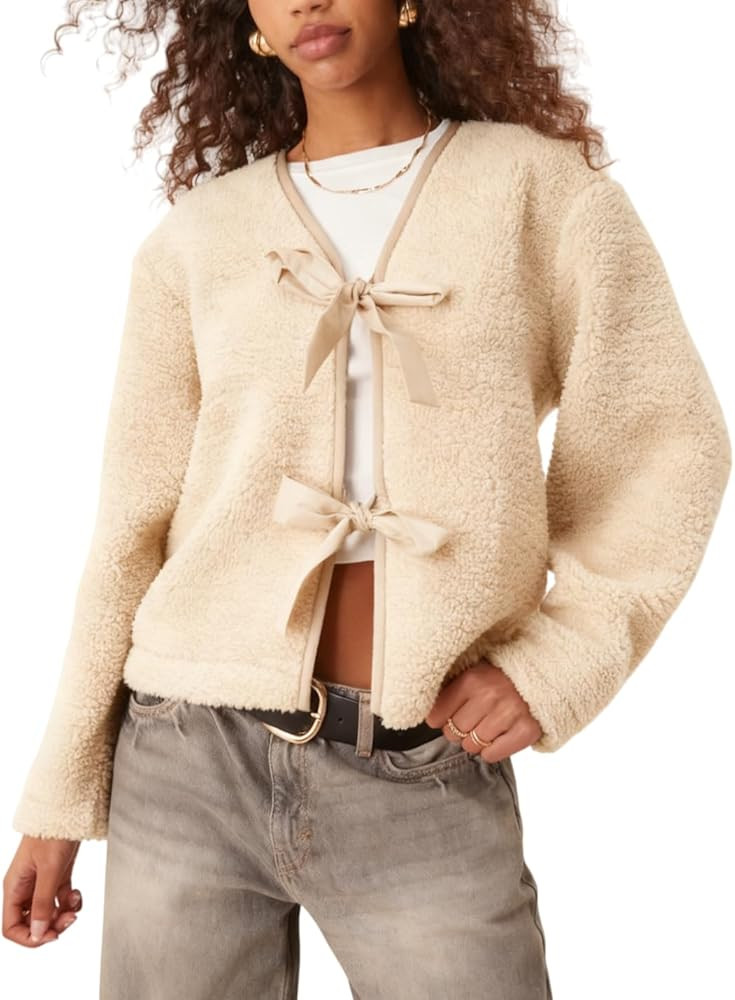 Majdan Women's Bow Tie Front Sherpa Cardigan Fleece Jacket Long Sleeve Winter Coat Outwear with P... | Amazon (US)