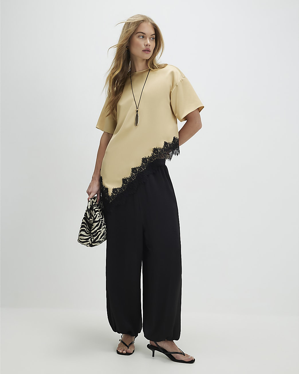 Beige Asymmetric Lace Satin T-Shirt | River Island UK & IE