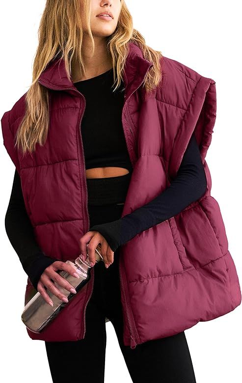 APAFES Women Winter Oversized Puffer Vest Lightweight Stand Collar Flysleeve Insulated Padded Puf... | Amazon (US)