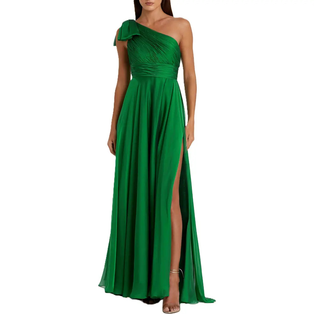Mac Duggal Pleated One Shoulder Chiffon Gown in Emerald at Nordstrom, Size 12 | Nordstrom