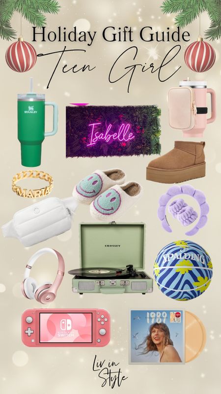 Gift Guide for the Teen/Tween girl in your life!!! Stanley, personalized neon sign, tumbler pouch, personalized ring, smiley slippers, Ugg Classic ultra mini platforms, Lululemon puffer belt bag, spa headband and hair tie, Beats noise canceling Bluetooth headphones, record player, Taylor Swift 1989 album, Nintendo Switch Lite in multiple color options, trippy floral basketball.

#LTKGiftGuide #LTKkids #LTKfamily