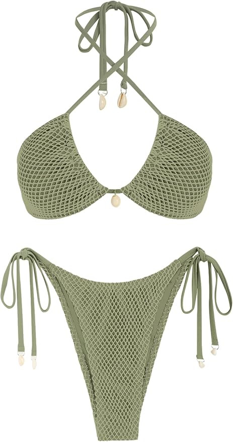 ZAFUL Women's Bikini Set Fishnet Triangle Tie Convertible Collar Halter Bandeau Shell Two Piece B... | Amazon (US)