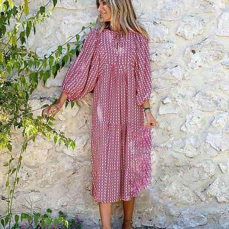 Finelylove Long Boho Dress For Women Flowy Maxi Dress Boho Long Short Sleeve Floral Pink XXL | Walmart (US)