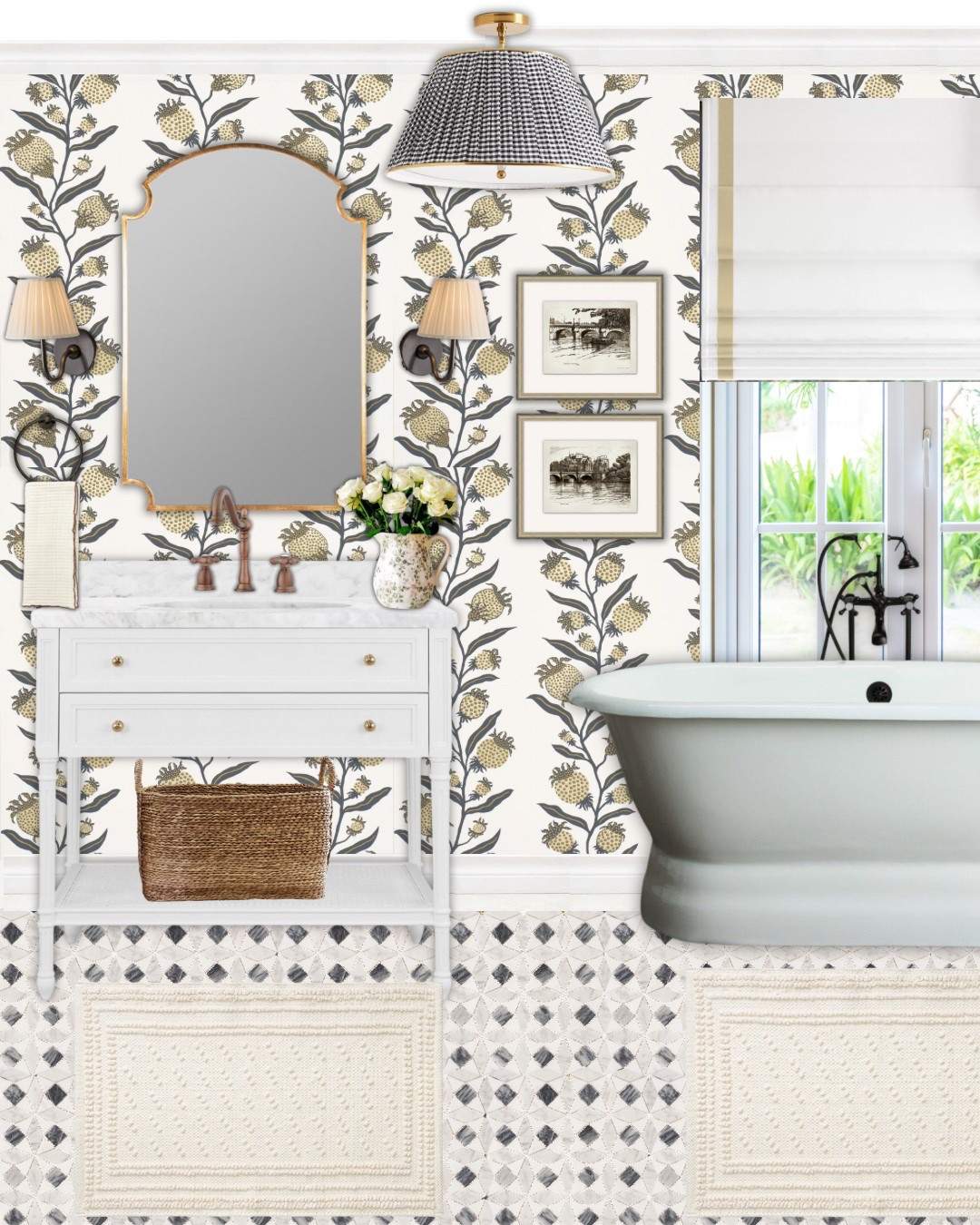 Timeless classic bathroom inspo! If you’re a neutral lover but also loves pattern this one is for you. 

grandmillennial bathroom, vintage inspired bath, floral wallpaper, checkered tile floor, freestanding bathtub, scalloped mirror, pleated sconces, marble vanity, woven basket storage, gingham light fixture

#GrandmillennialStyle #VintageBathroom #FloralWallpaper #ClassicHomeStyle #BathroomInspo #TraditionalDecor #FreestandingTub #PreppyBathroom #CottagecoreDecor #InteriorDesign 

#LTKHome #LTKSaleAlert