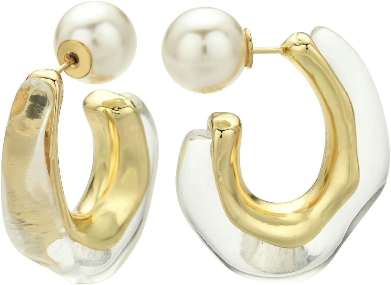 Acrylic Hoop Earrings Geometric Resin Minimalist Statement Clear Gold Chunky Pearl Hoops Earrings... | Amazon (US)