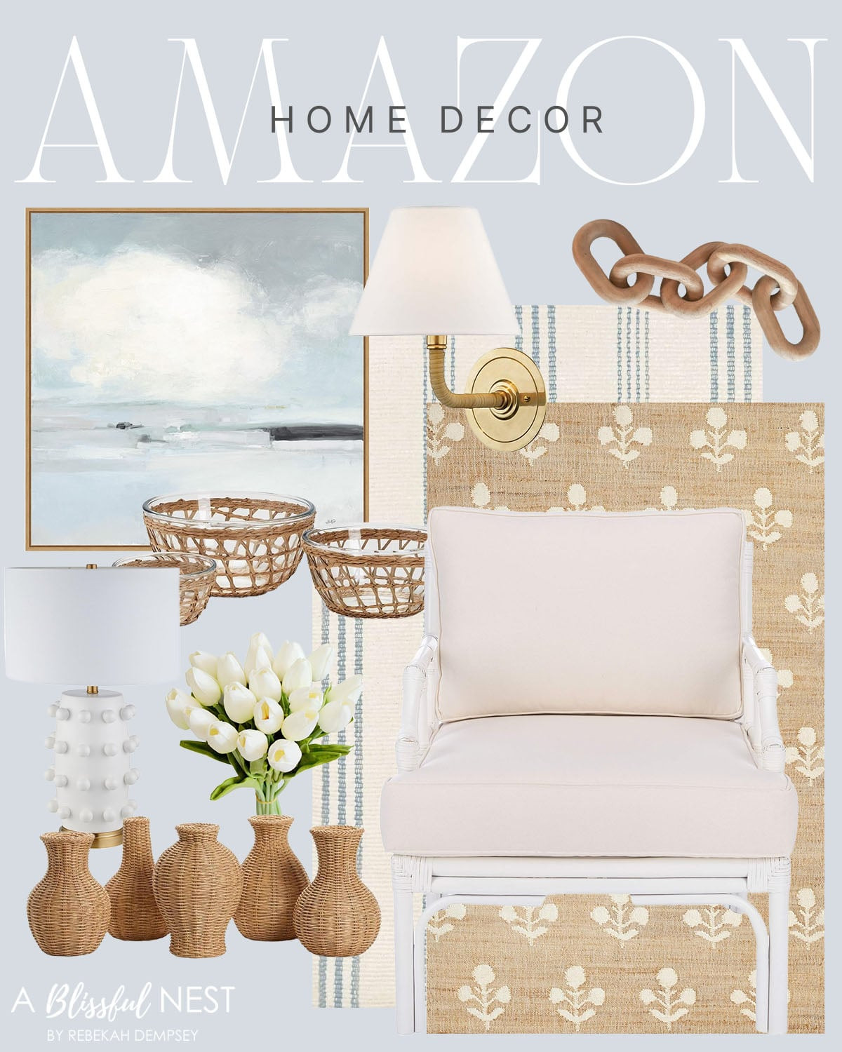 Neutral textures and timeless pieces that instantly cozy up a room. Tap to shop.
framed coastal landscape wall art, gold wall sconce with white shade, wooden chain link decor, white rattan cushion accent chair, beige and white floral pattern area rug, blue and white striped runner rug, white textured ceramic table lamp, glass bowls with hand-woven lattice, white faux tulips, woven vases. #LTKFindsUnder50 #LTKFindsUnder100 

 #LTKHome
