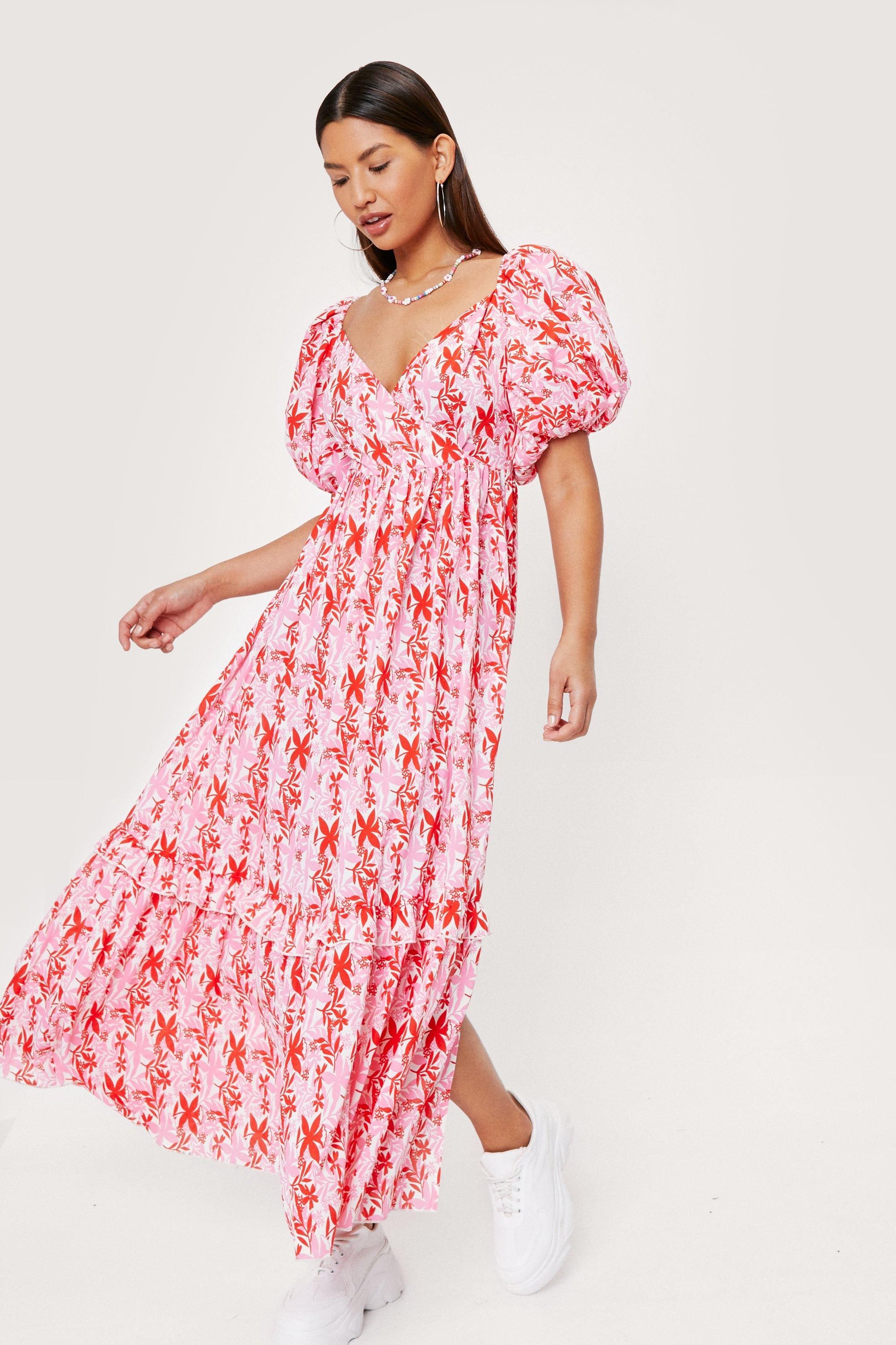 Puff Sleeve Floral Print Wrap Maxi Dress | Nasty Gal (US)