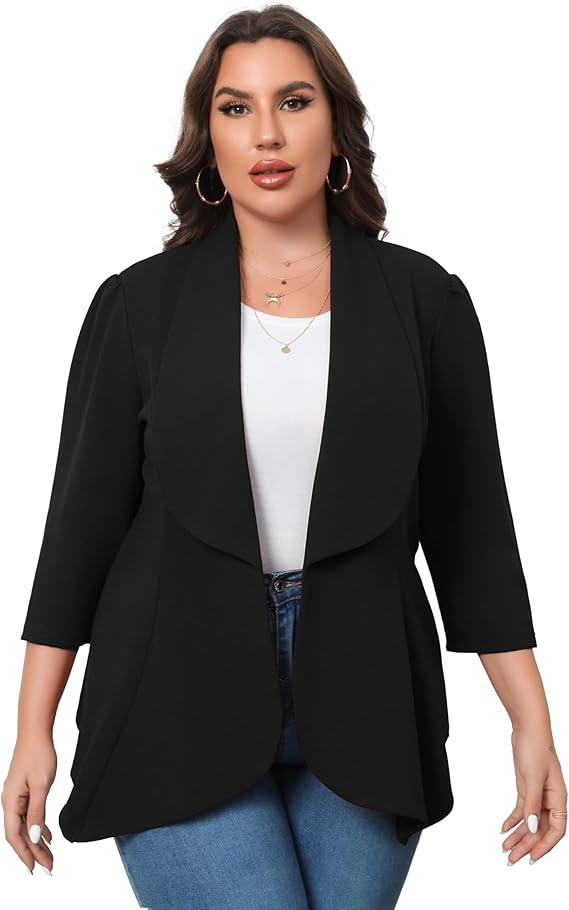 NomMax Women's Plus Size Blazer Suit Open Front Cardigan 3/4 Sleeve Fitted Jacket Casual Office B... | Amazon (US)